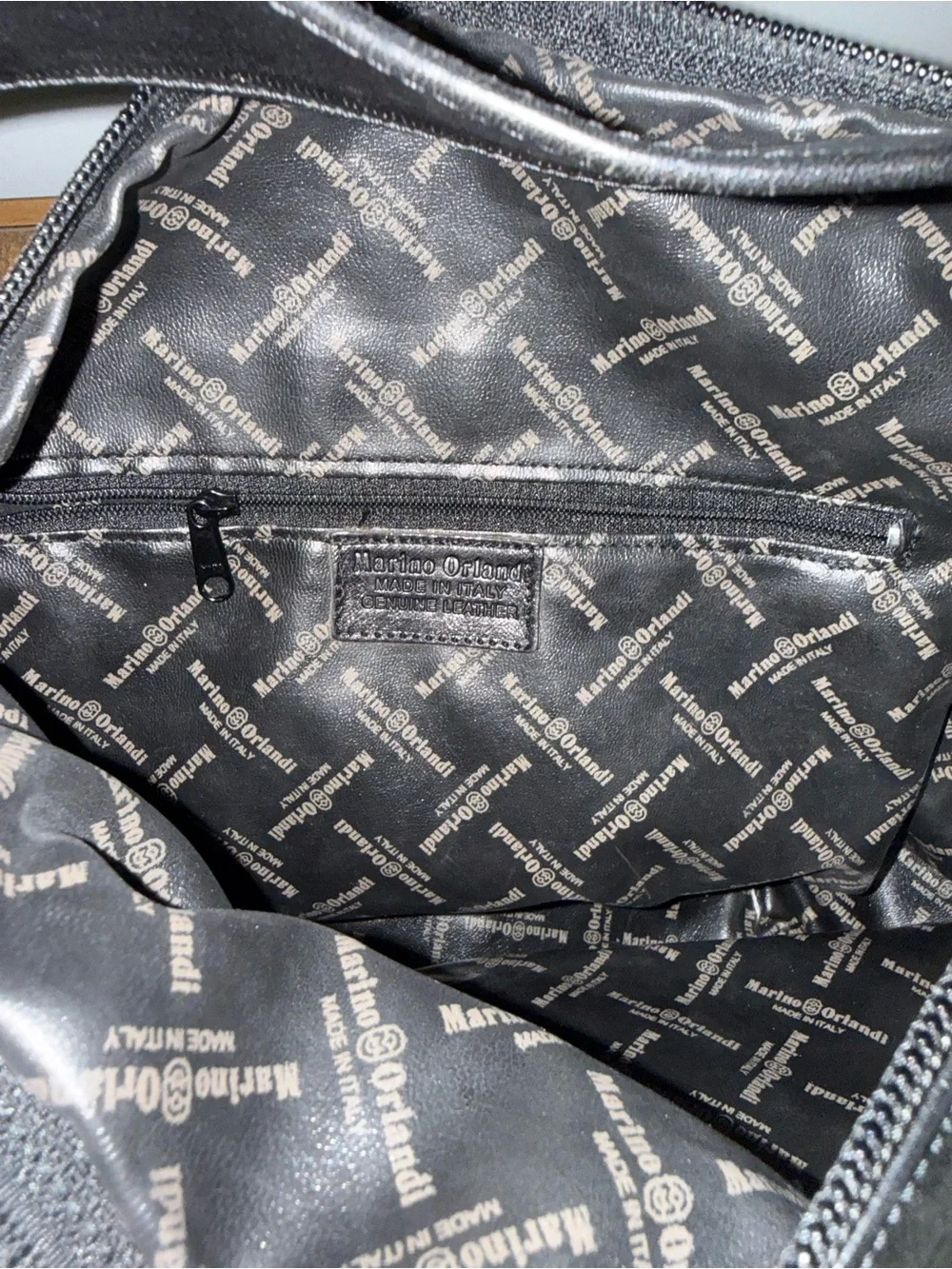 Marino Orlandi Black Leather Sling Bag Bucket Hobo with Gold Accents